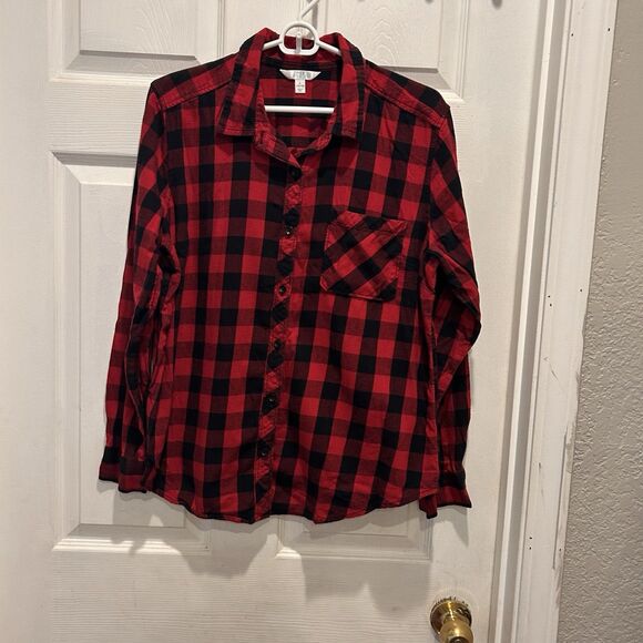 Time and Tru Buffalo Plaid Soft Flannel Button-Up Shirt Women's Size Large 12-14 - Picture 1 of 6